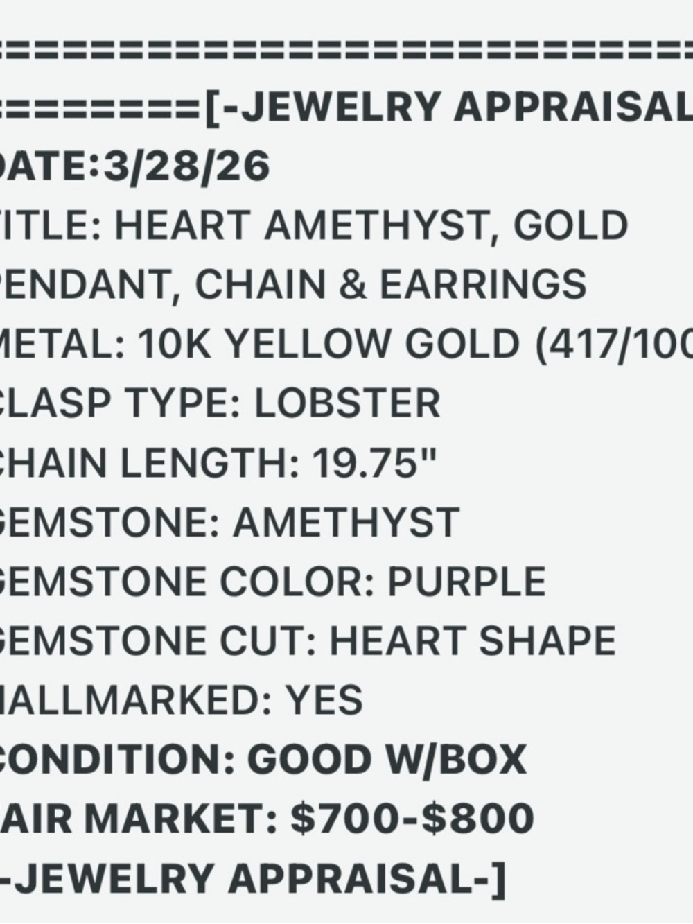 10kt Gold Amethyst Heart Pendant Necklace and Stud Earrings Set With Appraisal - Picture 7 of 7